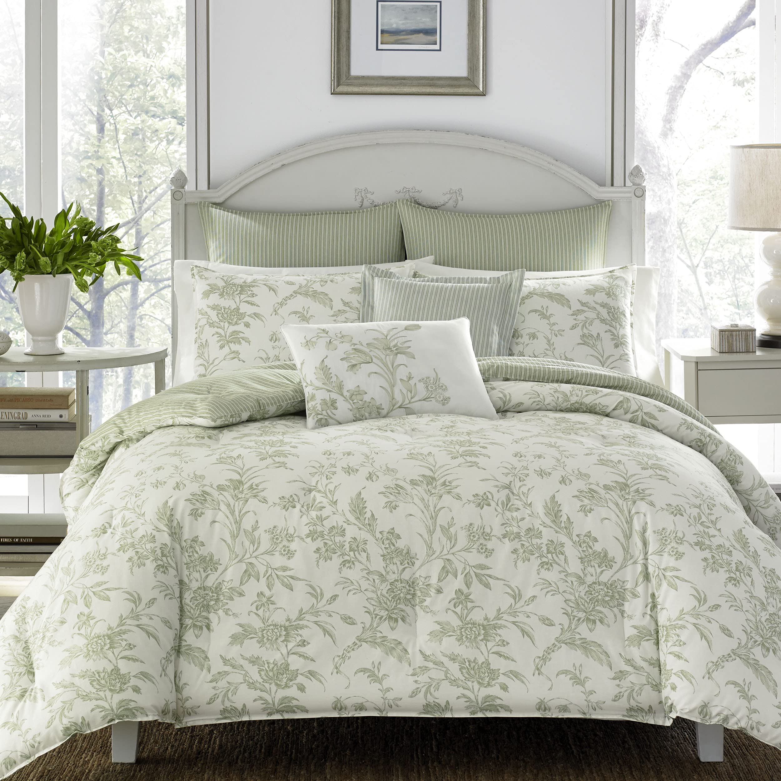 Laura Ashley Home - Twin Size Comforter Set, Reversible Cotton Bedding, Includes Matching Sham with Bonus Euro Sham & Throw Pillows (Natalie Sage/Off White, Twin) Sage/Off White Twin