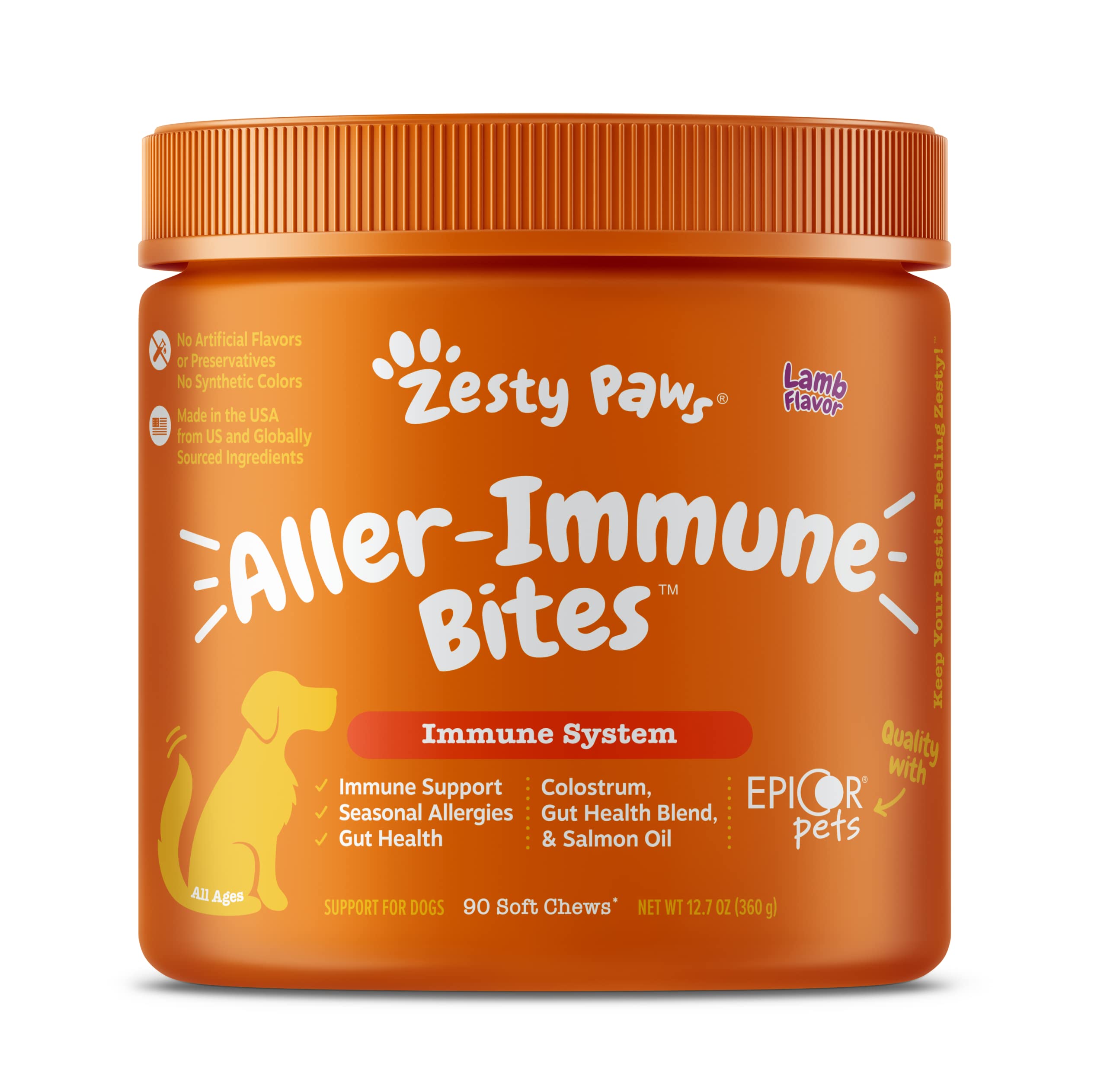 Zesty Paws Allergy Immune Supplement for Dogs - with Omega 3 Salmon Fish Oil & EpiCor Pets + Probiotics for Seasonal Allergies - Lamb - 90 Chews All Ages 90 Count (Pack of 1)