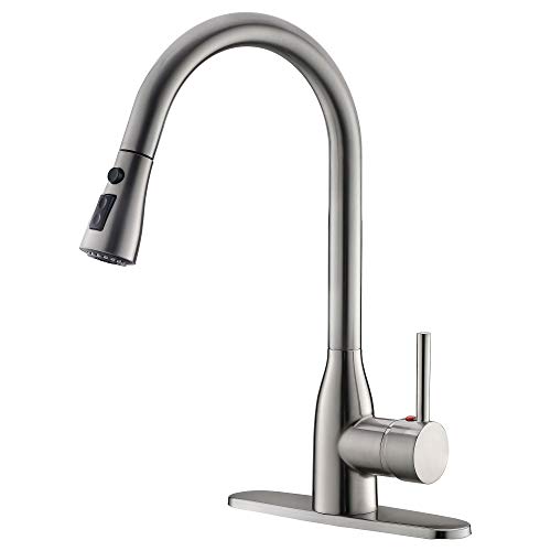 Ufaucet Modern Commercial Lead-free Solid Brass Single Lever Pause Botton Pull Out Sprayer Brushed Nickel Kitchen Faucet, Kitchen Sink Faucet With Deck Plate