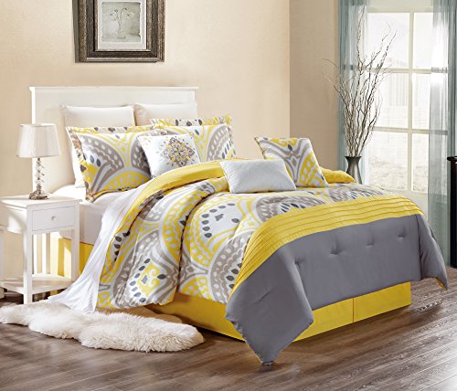 Book Cover Grand Linen Modern 7 Piece Embroidered Cassandra Bedding Sunshine Yellow/Grey/White/Grey Pin Tuck King Comforter Set with Accent Pillows