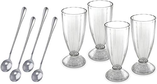 KOVOT Set Of 4 Old Fashioned Soda Glasses And Spoons - (4) 13-Ounce Classic Ice Cream Soda Glasses & (4) Metal Spoons