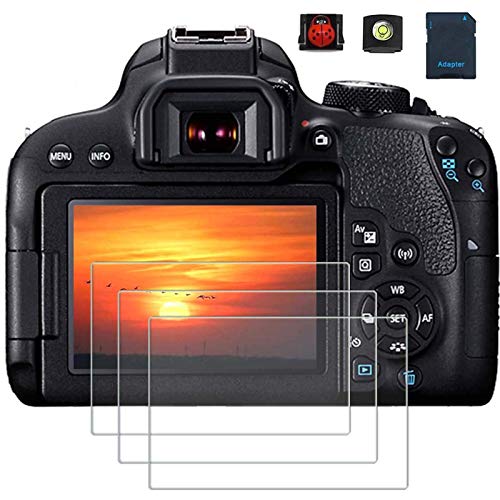 PCTC Screen Protector Compatible for Camera Canon EOS 800D Reble T7i Optical Tempered Glass Film[3 Pack], 2* Hot Shoe Cap Cover + 1* Macro SD/TF Card Adater