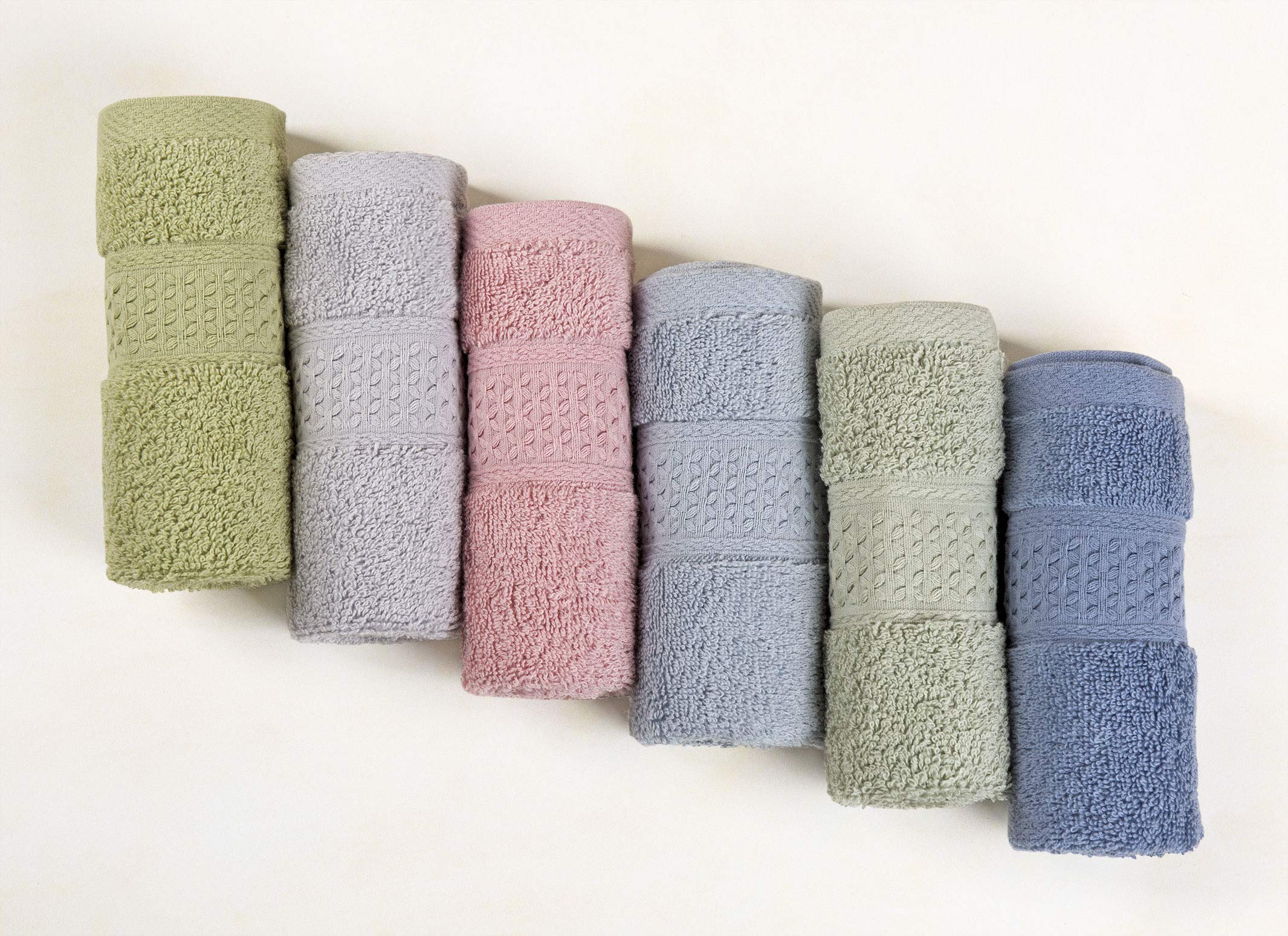 Book Cover Cleanbear Pure Cotton Wash Cloths Face Cloths, 6 Colors per Set, 13 x 13 Inches (Light Blue, Jade Green, Light Green, Grey, Light Grey, Pink)