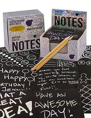 Book Cover Scratch Off Mini Notes + 2 Stylus Pens: 150 Sheets of Black Note Paper with Silver Hologram Glitter Pattern for Kids Art and Craft Projects, Doodling & Lists - Unique Gift Idea for Kids or Anyone!