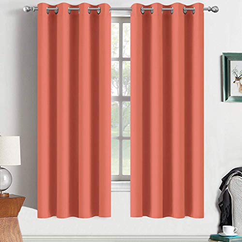 Book Cover Yakamok Coral Orange Room Darkening Blackout Curtains Thermal Insulated Drapes Solid Grommet Top Window Curtain Panels for Girls' Bedroom, 2 Tie Backs Included(52x63 Inch, Coral Orange, One Pair)