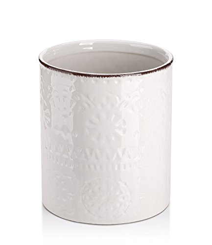 LIFVER Ceramic Embossed Crock Utensil Holder, Height 7.2 Inch, Diameter 6.2 Inch , White