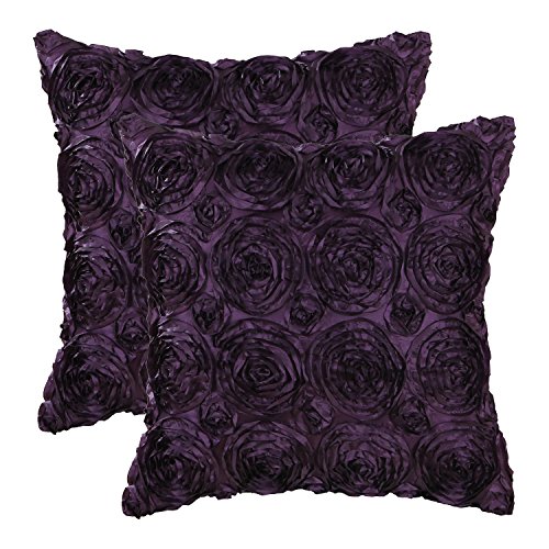 Book Cover CaliTime Pack of 2 Cushion Covers Throw Pillow Cases Shells for Couch Sofa Home Solid Stereo Roses Floral 18 X 18 Inches Deep Purple
