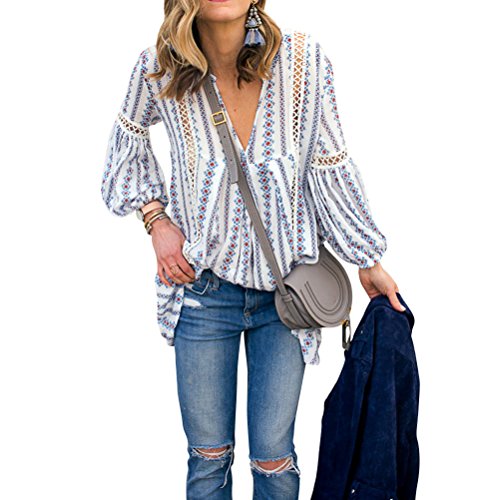ZXZY Women Long Sleeve V Neck Hollow Out Floral Print Shirt Tops Long Blouse Tee