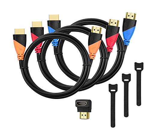 Book Cover High-Speed HDMI Cable 6ft (3 Pack)- 6 Foot HDMI Cables Cord with Gold Plated Connectors, Bonus Cable Tie and Right 90 Degree Angle Adapter