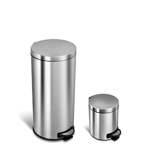 Book Cover NINESTARS AMZ-CB-SOT-30-1/5-1 CB-SOT-30-1/5-1 Step-on Trash Can Combo Set, 8 Gal 30L & 1.2 Gal 5L, Stainless Steel Base (Round, Lid)
