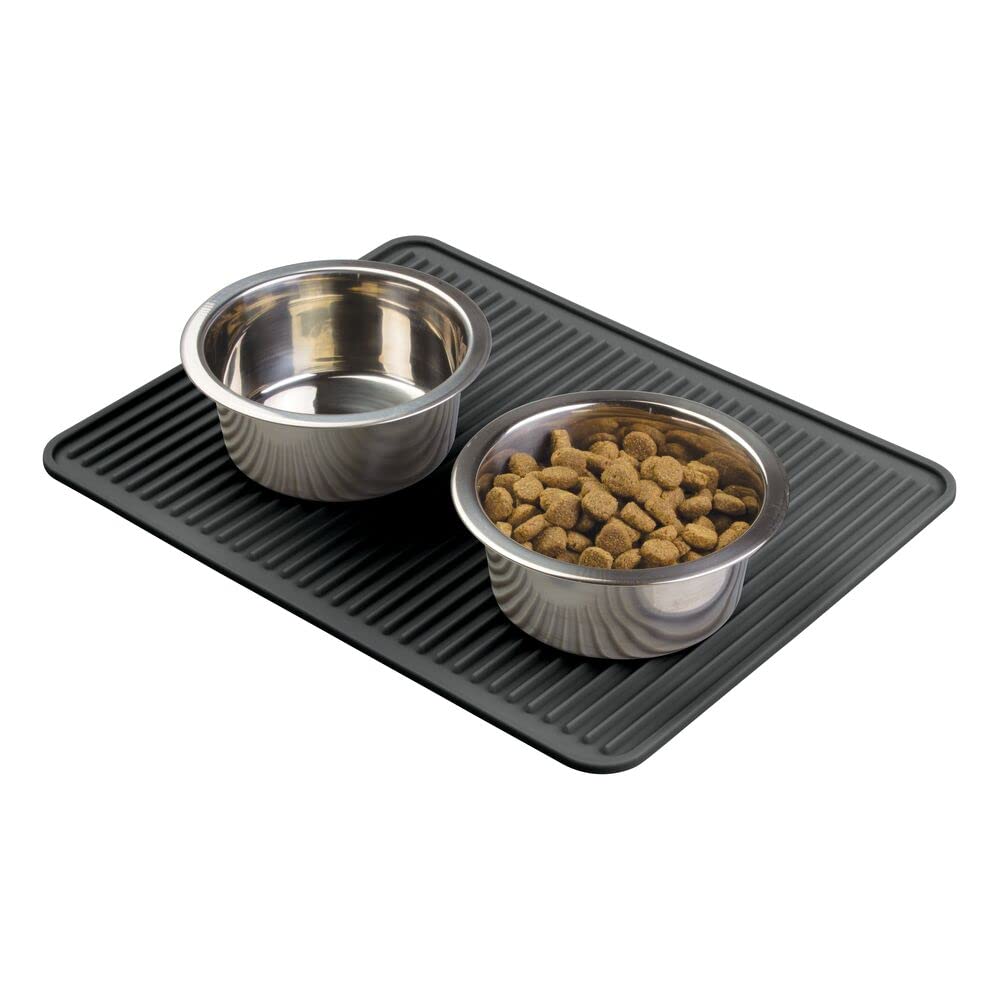 mDesign Premium Quality Pet Food and Water Bowl Feeding Mat for Dogs and Puppies - Waterproof Non-Slip Durable Silicone Placemat - Food Safe, Non-Toxic - Black 16 x 12.5 x .25