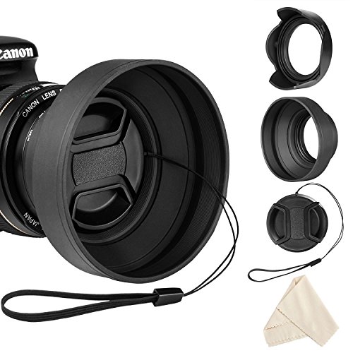 Veatree 52mm Lens Hood Set, Collapsible Rubber Lens Hood with Filter Thread + Reversible Tulip Flower Lens Hood + Center Pinch Lens Cap + Microfiber Lens Cleaning Cloth