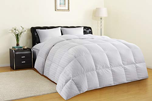 Book Cover Allrange All-Season 75% White Down Quilted Comforter Duvet, 300TC 100% Cotton Dobby Stripe Cover, 600 Fill Power, Corner Loops, RDS Certified, Oeko-TEX, Down Proof, White, F/Q Size