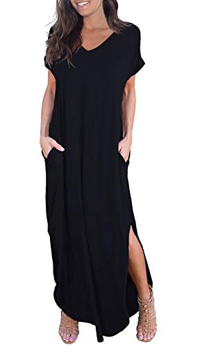 GRECERELLE Women's Casual Loose Pocket Long Dress Short Sleeve Split Maxi Dresses