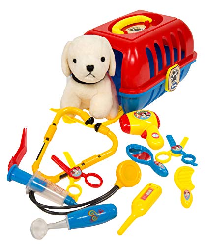 MMP Living Pet Care Play Set - pet Vet, pet Grooming and pet Travel Crate with Plush Dog - 12pcs