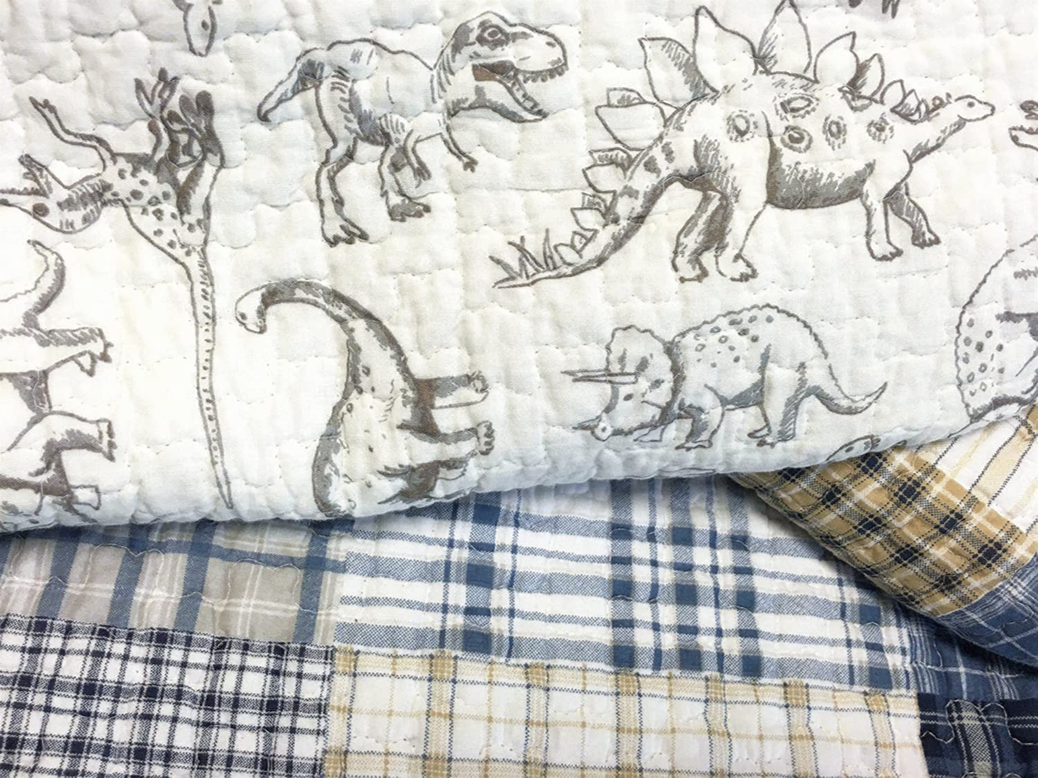 Book Cover Cozy Line Home Fashions Benjamin Cute Dinosaur Plaid Printed Pattern Navy Blue White Grey Bedding Quilt Set 100% Cotton Reversible Coverlet Bedspread Set for Kids Boy(Twin - 2 Piece)