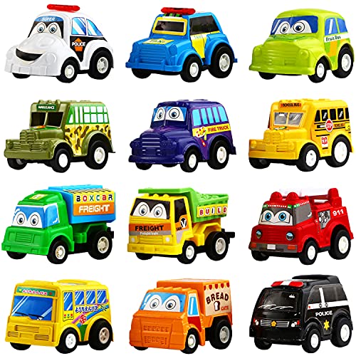 Book Cover Funcorn Toys Pull Back Car, 12 Pack Assorted Mini Plastic Vehicle Set, Pull Back Truck and Car Toys for Boys Kids Toddler Party Favors,Die Cast Car Toy Play Set