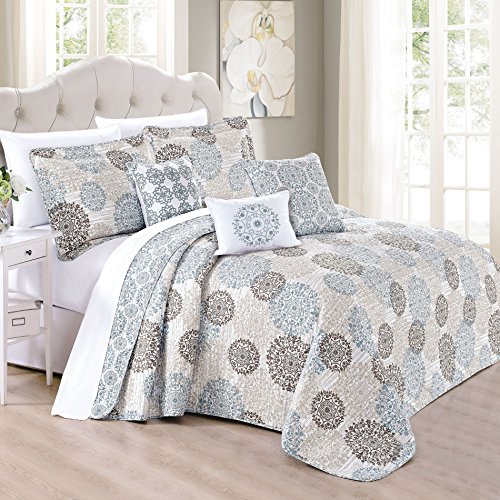 Serenta 6 Piece Marina Medallion Printed Quilted Bed Spread Set, Queen 90" x 90", Cameo Blue