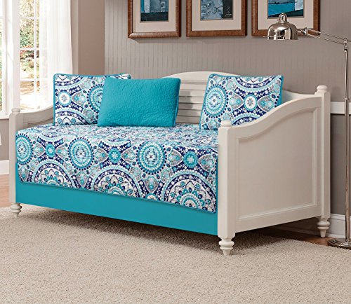 Book Cover Mk Collection 5pc Daybed Quilted Medallion Floral Turquoise Teal Blue Grey New #185