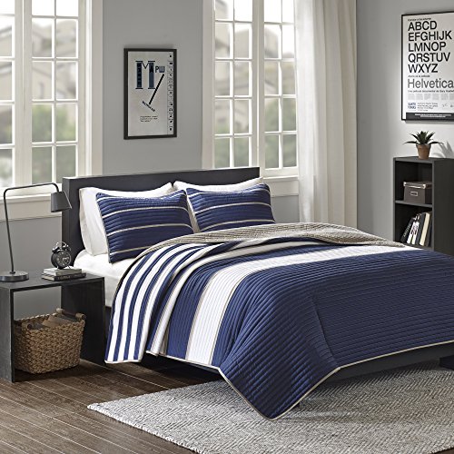 Book Cover Comfort Spaces Quilt Coverlet Bedspread Ultra Soft Microfiber Pattern Hypoallergenic Bedding Set, Twin/Twin XL, Verone White Blue Stripe,CS14-0213