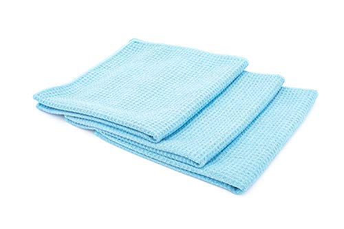 Book Cover The Rag Company (3-Pack) 16 in. x 16 in. Blue Waffle-Weave 370gsm Microfiber Detailing, Window/Glass and Drying Towels - LINT-Free, Streak-Free