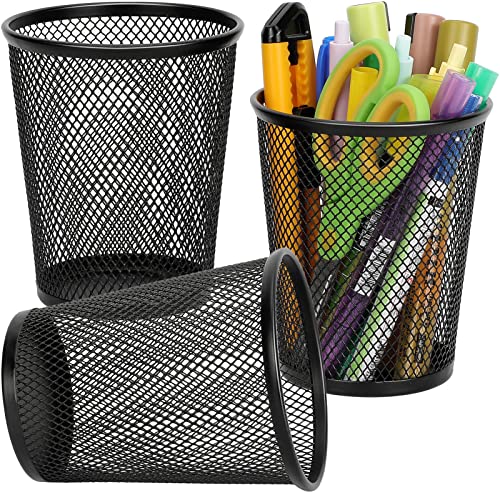 MaxGear Pen Holder for Desk, Premium Mesh Metal Pencil Holder Pen Cup Marker Holder Makeup Brush Holders, Desk Accessories & Workspace Organizers for Home, School & Office, Black, 4.6â€™â€™ Grande, 3 Pack