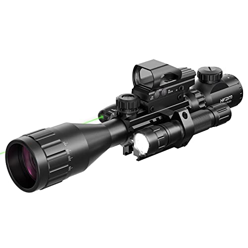 Hiram 4-16x50 AO Rifle Scope Combo with Green Laser, Reflex Sight, and 5 Brightness Modes Flashlight