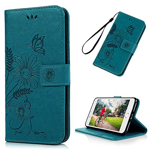 YOKIRIN iPhone 7 Plus Wallet Case, iPhone 8 Plus Case, Embossed Ant Flower Flip Magnet Closure Premium PU Leather Soft TPU Inner Case Credit Card Slots Protective Cover for iPhone 7/8 Plus - Blue