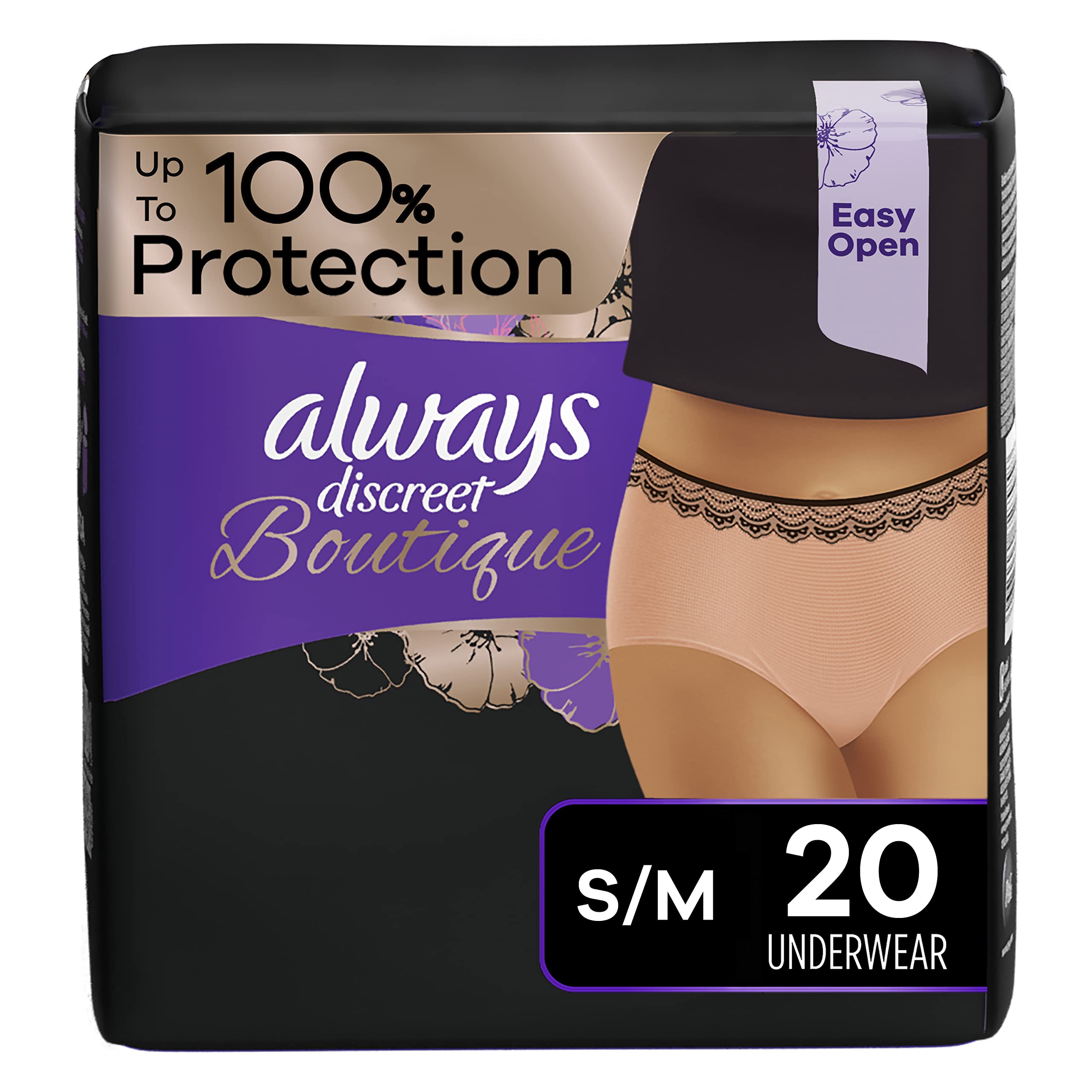 Book Cover Always Discreet Boutique High Rise Incontinence and Postpartum Incontinence Underwear for Women, Size S/M, Maximum Absorbency, Rosy, 20 Count