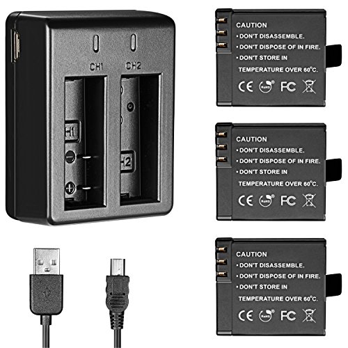 Neewer 900mAh Rechargeable Action Camera Battery (3 Pieces) with USB Dual Charger for AKASO Lightdow Vtin Cymas DBPOWER APEMAN Vikeepro Canany Wimius Campark SOOCOO SJCAM SJ4000 SJ7000