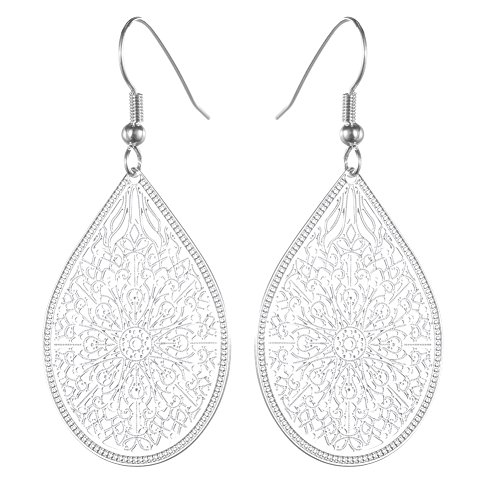 KIVN Fashion Jewelry BOHO Smooth Dangle Drop Filigree Womens Girls Bridal Wedding Earrings (Rhodium)