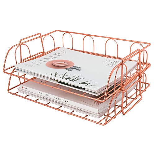 Superbpag 2 Packs Stackable Horizontal Metal File Letter Trays Organizer for Desk, Rose Gold