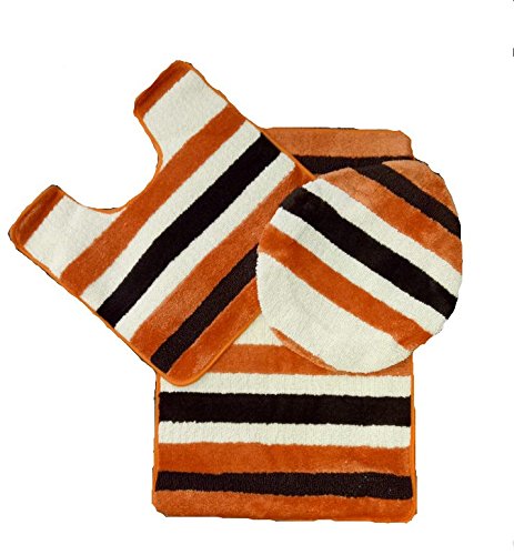 Qutain Linen Eleghant Thick Stripe 3 Piece Soft High Pile Bathroom Set With Anti Slip Bath Mat Rug Toilet Lid Cover (Orange)