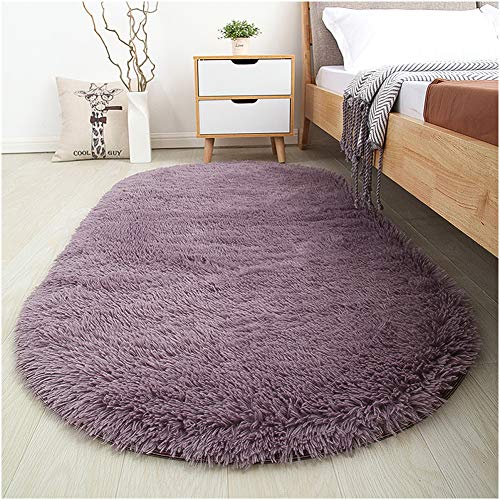 Book Cover SANMU Soft Velvet Silk Rugs Simple Style Modern oval Shaggy Carpet Fashion Bedroom Mat for Dining Room, Living Room Pink Rugs for Girls Room Home Decor 2.6' X 5.3' Grey-purple