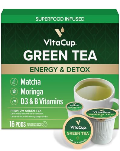 VitaCup Green Tea Pods 16ct with Matcha, Moringa, and Vitamins, Keto|Paleo|Whole30 Friendly, B1, B5, B6, B9, B12, D3 Compatible with K-Cup Brewers Including Keurig 2.0, Top Rated Tea