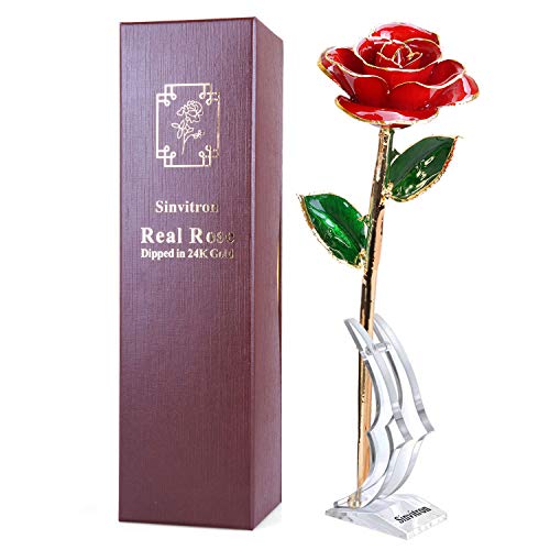 Sinvitron Gold Dipped Rose, Long Stem 24k Gold Dipped Real Rose Lasted Forever with Stand, Best for Her