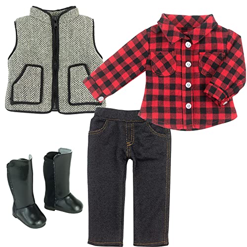 Book Cover Sophia's Doll Red Buffalo Check Shirt, Black Jeggings, Herringbone Print Vest, and Black Boots Outfit 4 Piece Set for 18