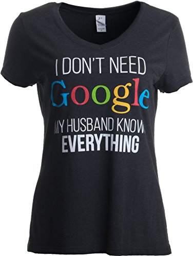Book Cover Ann Arbor T-shirt Co. Women's I Don't Need Google, My Husband Knows Everything Wife V-Neck T-Shirt Medium Heather Black