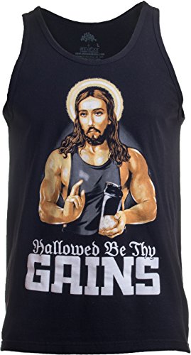 Book Cover Hallowed Be Thy Gains | Funny Muscle Jesus Weight Lifting Workout Humor Tank Top-(Adult,L) Black