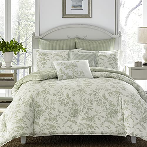 Book Cover Laura Ashley Home - Queen Size Comforter Set, Reversible Cotton Bedding, Includes Matching Shams with Bonus Euro Shams & Throw Pillows (Natalie Sage/Off White, Queen)