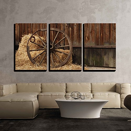 Book Cover wall26 - 3 Piece Canvas Wall Art - the old antique wheel from cart on background of hay and barn - Modern Home Decor Stretched and Framed Ready to Hang - 16