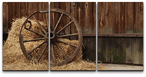 wall26 - 3 Piece Canvas Wall Art - the old antique wheel from cart on background of hay and barn - Modern Home Decor Stretched and Framed Ready to Hang - 16"x24"x3 Panels