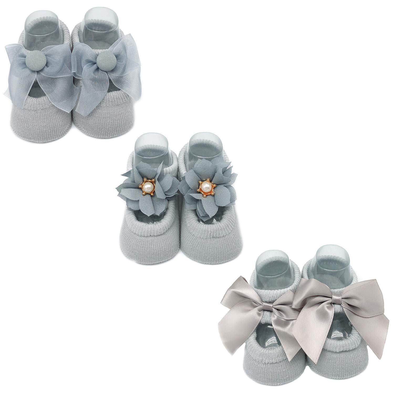 Book Cover Elesa Miracle Baby Girl Newborn Baby Photography Props Anti Slip Flower Pearl Bownote Socks 0-6 Months Gray