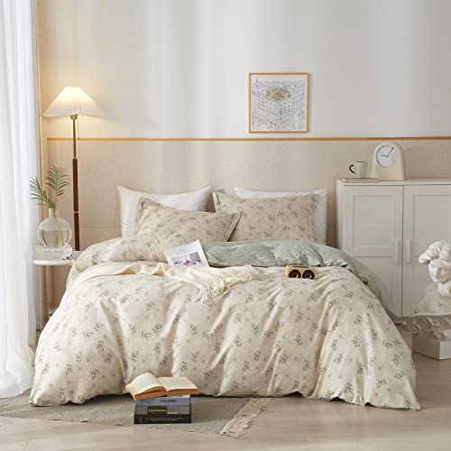 OTOB Soft 100% Cotton Bedding Sets 3 Piece Floral Kids Duvet Cover Set with Pillowcases Zipper Ties,Best Teen Girls Kawaii Bedding Gifts Set Bed Set,No Comforter(Beige Blue,Twin)