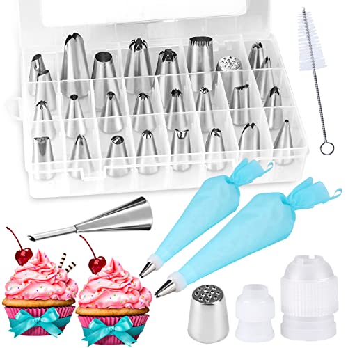 Book Cover 32 Pieces Cake Decorating Supplies, Gyvazla Cake Decorating Tip Set with 20 Stainless Icing Tips, 5 Large Piping Nozzles, 1 Grass Nozzle, 1 Puffs Tip, 2 Couplers, 1 Brush, 2 Silicone Pastry Bags
