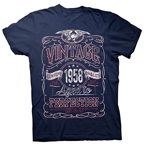 ShirtInvaders Vintage Aged Perfection 1958 - Distressed Print - 60th Birthday Gift T-Shirt - Navy-003