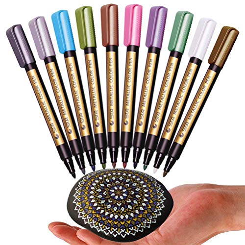 Book Cover Metallic Markers Pen for Rock Painting - Medium Point, Metallic Color Paint Markers for Ceramic Painting, Glass,Mug, Plastic, Photo Album, Card Making, 10 Colors