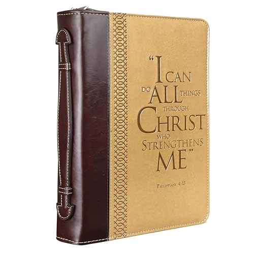 Bible Cover - "I Can Do All Things Through Christ" Philippians 4:13 - Large Two-Tone Burgundy/Tan