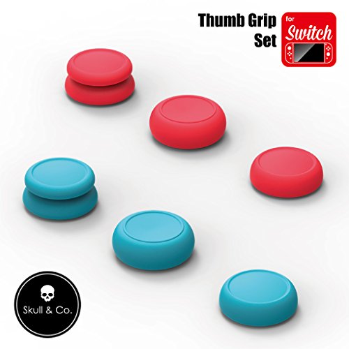 Skull & Co. Skin, CQC and FPS Thumb Grips Set Joystick Cap Analog Stick Cap for Nintendo Switch Joy-Con Controller - Neon Red+Blue, 3 Pairs(6pcs)