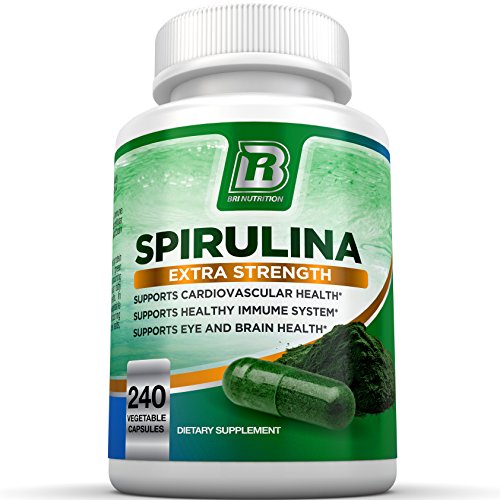 BRI Spirulina 2000mg Maximum Strength Premium Quality Spirulina Superfood Powder, Packed w Antioxidants, Protein and Vitamins in Easy to Swallow Vegetable Cellulose Capsules (240 Count)
